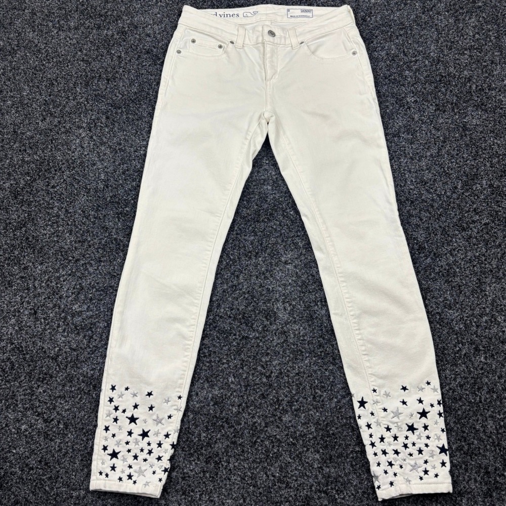 Vineyard Vines Jeans Womens 0 White Navy Silver Star Embroidered Skinny Ankle